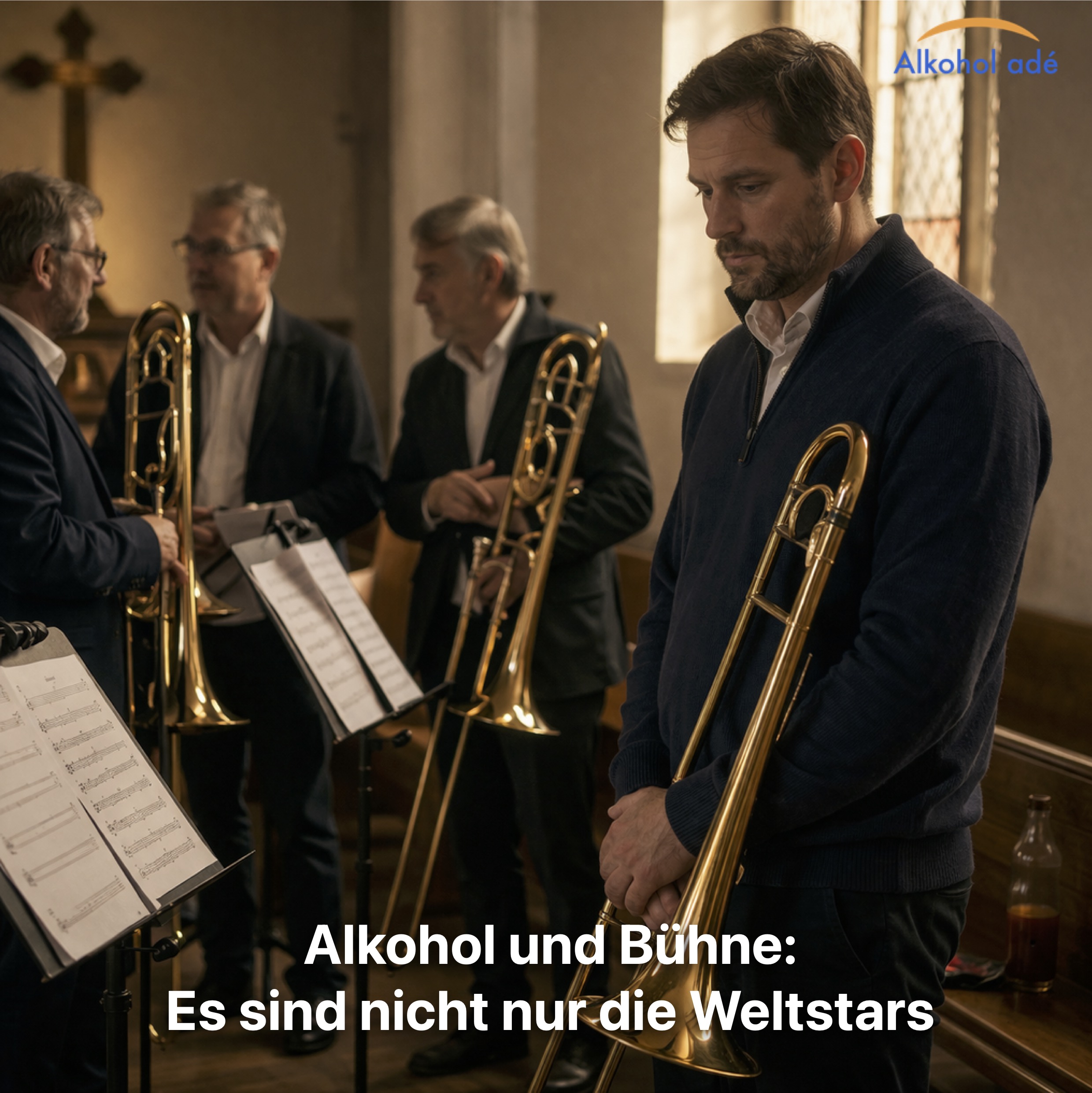 Mann mit Posaune steht nach einer Probe in einer Kirche abseits eines Posaunenchors, während im Hintergrund unauffällig eine Flasche Alkohol neben einer Bank steht und die ruhige, würdevolle Atmosphäre einen stillen Kontrast zeigt.