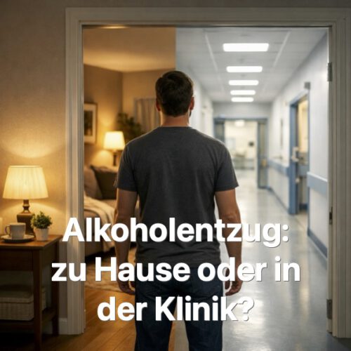 Mann steht zwischen Wohnung und Krankenhausflur – Symbolbild für die Entscheidung zwischen Alkoholentzug zu Hause oder in der Klinik