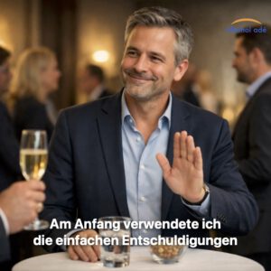 Mann lehnt bei einem Firmenevent freundlich ein alkoholisches Getränk ab und wirkt dabei ruhig und selbstsicher