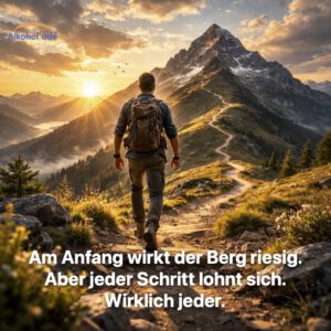 Mann steht am Anfang eines Bergpfads und setzt bei Sonnenaufgang den ersten Schritt in Richtung eines großen Berges – Symbol für den Beginn eines neuen Lebens ohne Alkohol.