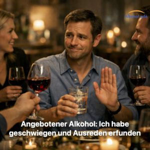 Mann sitzt in geselliger Runde und lehnt ein angebotenes Glas Wein mit unsicherem Lächeln ab, während er ein Wasserglas hält und die anderen entspannt weiter trinken.