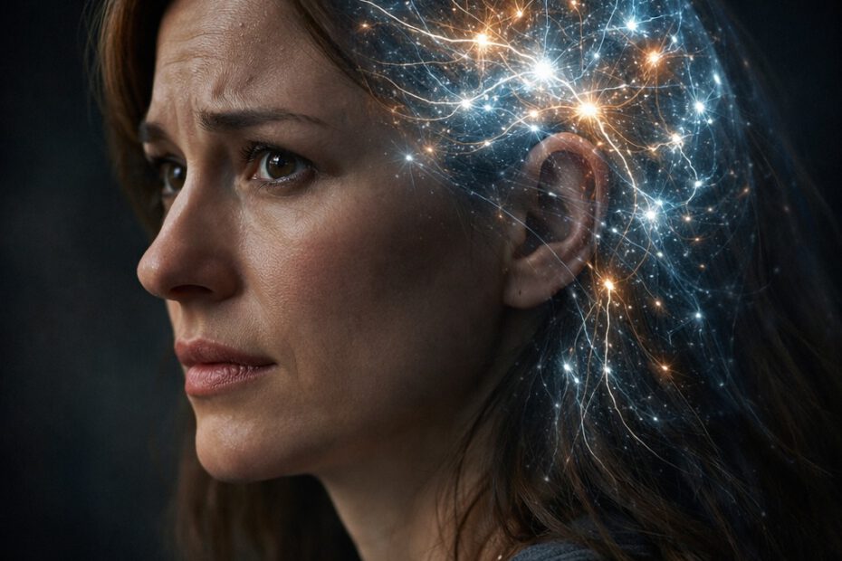 Frau im Halbprofil mit ängstlichem Gesichtsausdruck, im Kopf visualisierte neuronale Überaktivität als Lichtlinien – Symbol für alkoholbedingte Angst durch gestörte Neurochemie