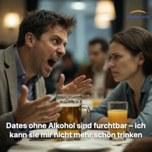 Unangenehmes Date im Restaurant: Ein aufdringlich gestikulierender Mann mit Bier spricht laut und beugt sich nach vorne, während eine Frau mit Orangensaft sich sichtbar distanziert zurücklehnt und genervt reagiert