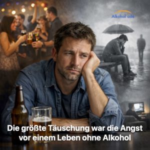 Nachdenklicher Mann sitzt allein an einem Tisch mit Bierglas, während hinter ihm verschwommene Szenen von Geselligkeit und Einsamkeit erscheinen – Symbol für die Angst vor einem Leben ohne Alkohol.