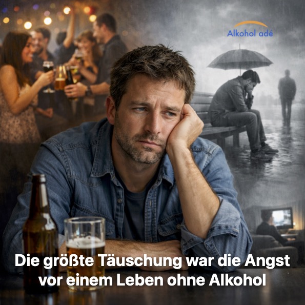 Nachdenklicher Mann sitzt allein an einem Tisch mit Bierglas, während hinter ihm verschwommene Szenen von Geselligkeit und Einsamkeit erscheinen – Symbol für die Angst vor einem Leben ohne Alkohol.