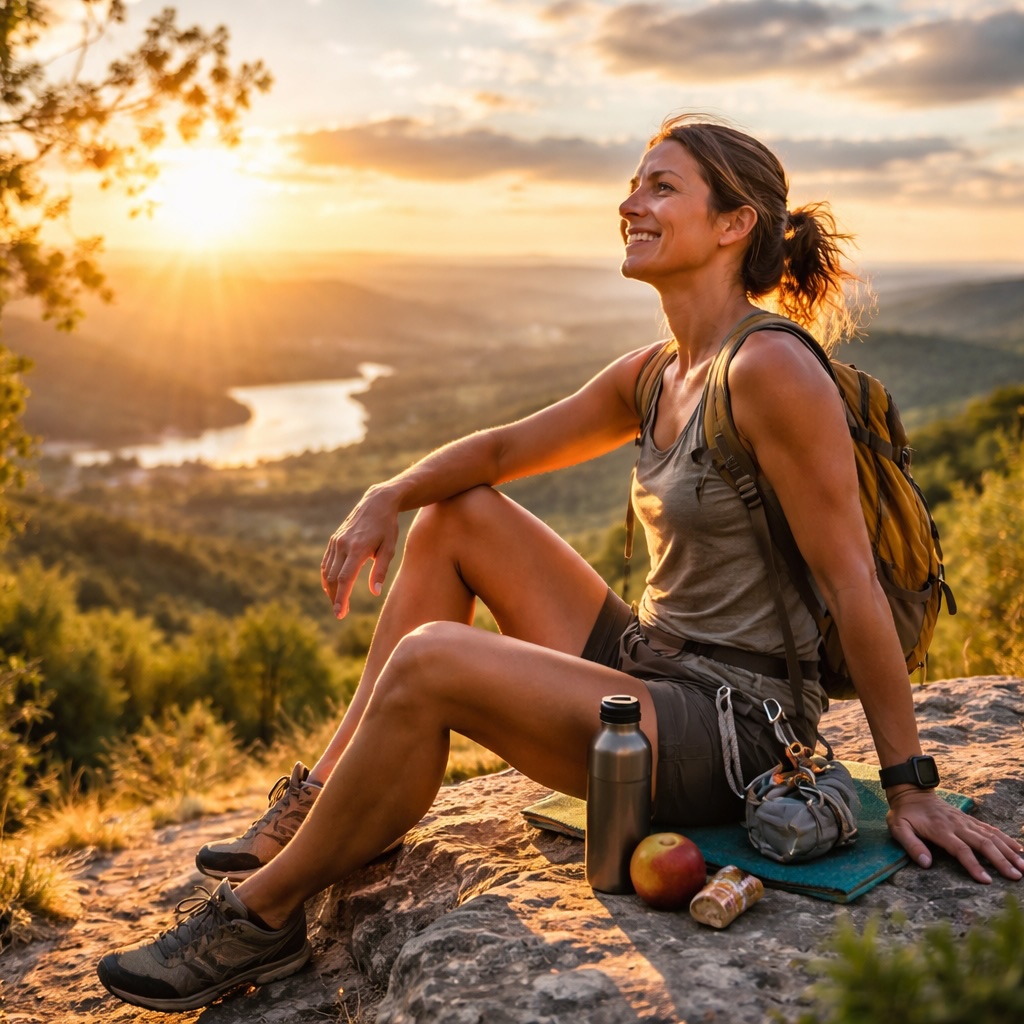 Frau sitzt nach einer Fahrradtour auf einem Aussichtspunkt in der Natur und blickt zuversichtlich in die Ferne – Symbol für ein neues Leben ohne Alkohol