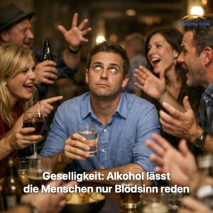 Mann sitzt nüchtern mit einem Wasserglas in einer laut gestikulierenden Runde von trinkenden Menschen und verdreht genervt die Augen, während die Gespräche um ihn herum chaotisch wirken.