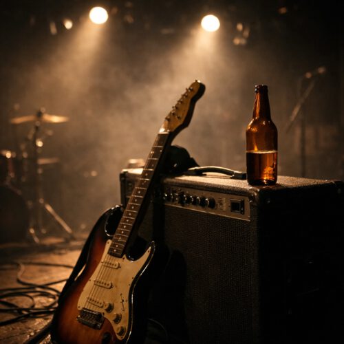 Leere Bühne nach einem Rockkonzert. Eine E-Gitarre lehnt am Verstärker, daneben steht eine halbvolle Bierflasche im Bühnenlicht.