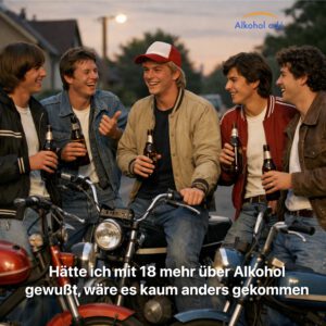 Gruppe junger Männer im Stil der 70er/80er Jahre steht lachend mit Mopeds auf einer Straße und hält Bierflaschen in der Hand, die Stimmung wirkt sorglos und unbeschwert.