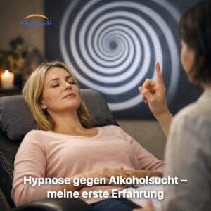 Frau sitzt entspannt mit geschlossenen Augen in einer Hypnosesitzung, während eine Therapeutin vor ihr sitzt und eine Hypnose durchführt.