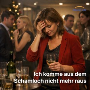 Frau auf Firmenfeier wirkt leicht angetrunken und unsicher, während Kollegen im Hintergrund distanziert reagieren und sich Blicke zuwerfen – Atmosphäre von Scham und sozialer Anspannung