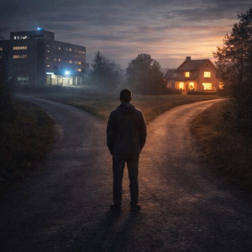 Person steht an einer Weggabelung zwischen Klinik und Zuhause – Symbol für unterschiedliche Wege beim Alkoholentzug