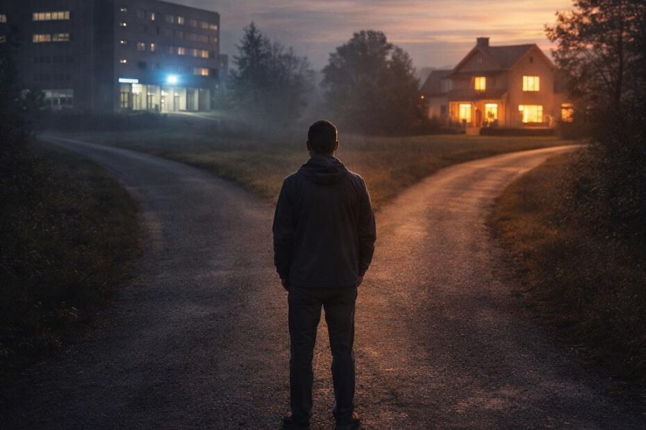 Person steht an einer Weggabelung zwischen Klinik und Zuhause – Symbol für unterschiedliche Wege beim Alkoholentzug