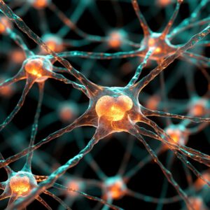 Abstrakte 3D-Darstellung eines neuronalen Netzwerks mit leuchtenden Synapsen in Blau und Orange auf dunklem Hintergrund, das die Regeneration und Neuroplastizität des Gehirns symbolisiert.