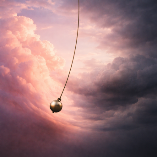 Ein Pendel schwingt aus einer dunkleren Wolkenzone in einen hellen, rosa gefärbten Himmel – Symbol für den Wechsel zwischen emotionalem Tief und Euphorie während des Alkoholentzugs.