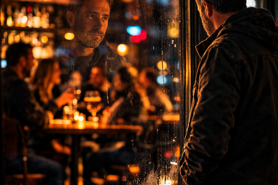 Nachdenklicher Mann steht nachts vor dem Fenster einer Bar und schaut hinein, während sich sein Gesicht im Glas spiegelt und das warme Barleben im Hintergrund zu sehen ist.
