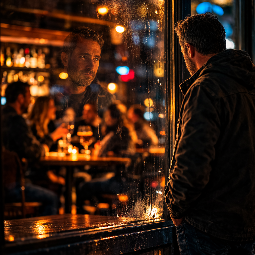 Nachdenklicher Mann steht nachts vor dem Fenster einer Bar und schaut hinein, während sich sein Gesicht im Glas spiegelt und das warme Barleben im Hintergrund zu sehen ist.