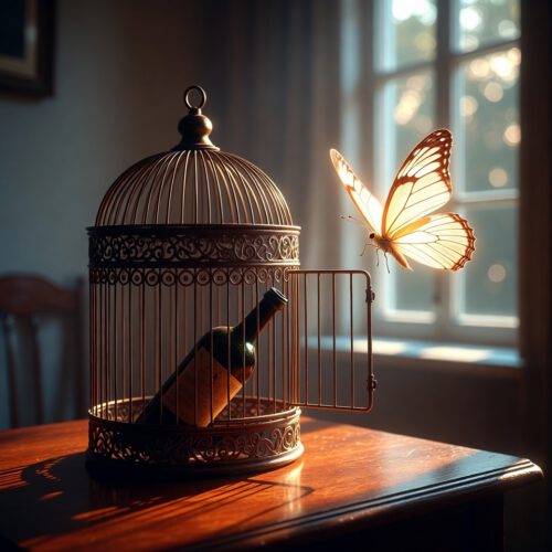 Ein geöffneter, kunstvoller Vogelkäfig auf einem Holztisch, aus dem ein leuchtender Schmetterling in Richtung eines sonnendurchfluteten Fensters fliegt; im Käfig steht eine dunkle Weinflasche im Schatten – Symbol für den Ausstieg aus der Alkoholsucht und gewonnene Freiheit.