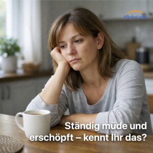 Erschöpfte Frau sitzt morgens am Küchentisch, stützt den Kopf in die Hand und blickt müde auf eine Tasse Kaffee vor sich