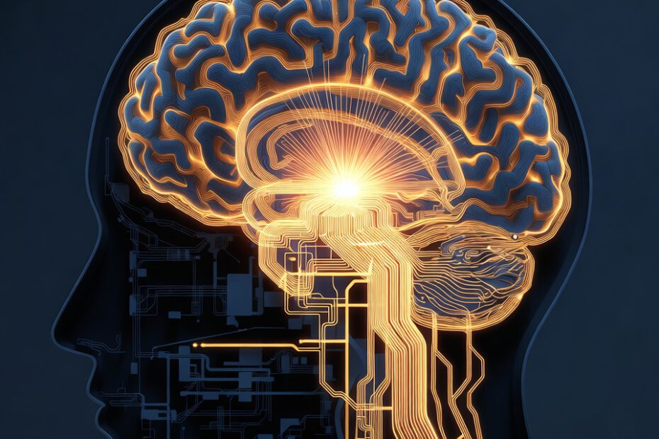 Eine 3D-Visualisierung der Silhouette eines menschlichen Gehirns. Im Inneren des Gehirns sind leuchtend goldene Nervenbahnen wie eine Autobahn tief eingegraben (die das Suchtgedächtnis darstellen).