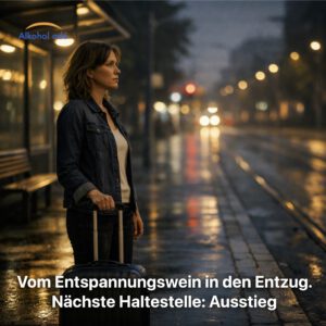 Frau mit Koffer steht abends allein an einer Haltestelle, wirkt ruhig und entschlossen – Symbol für den Ausstieg aus dem Alkohol und einen Neuanfang.