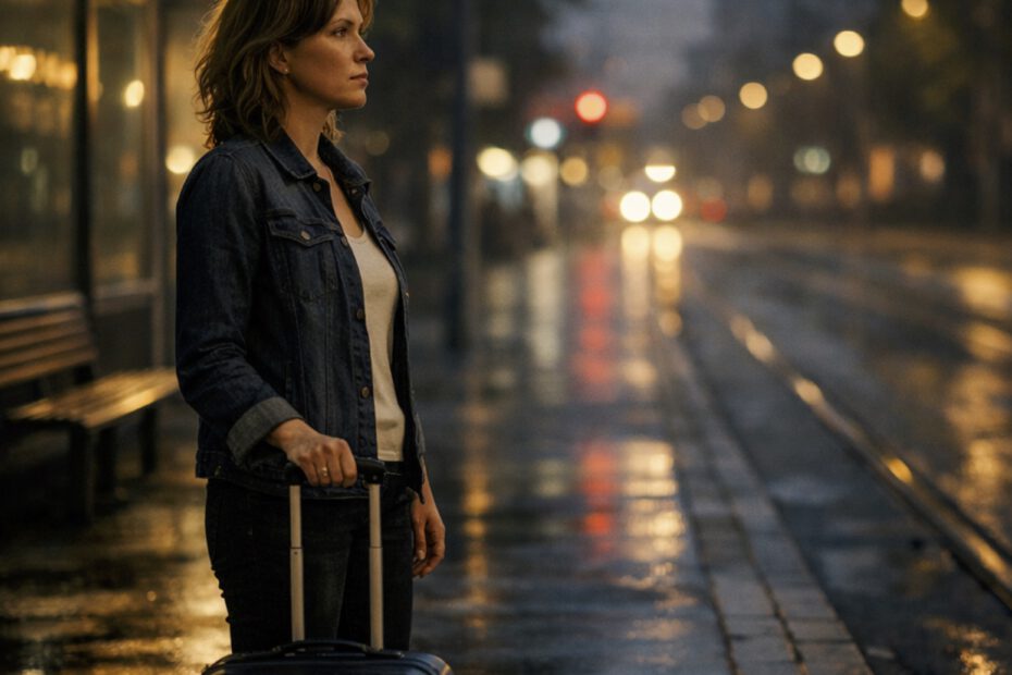 Frau mit Koffer steht abends allein an einer Haltestelle, wirkt ruhig und entschlossen – Symbol für den Ausstieg aus dem Alkohol und einen Neuanfang.