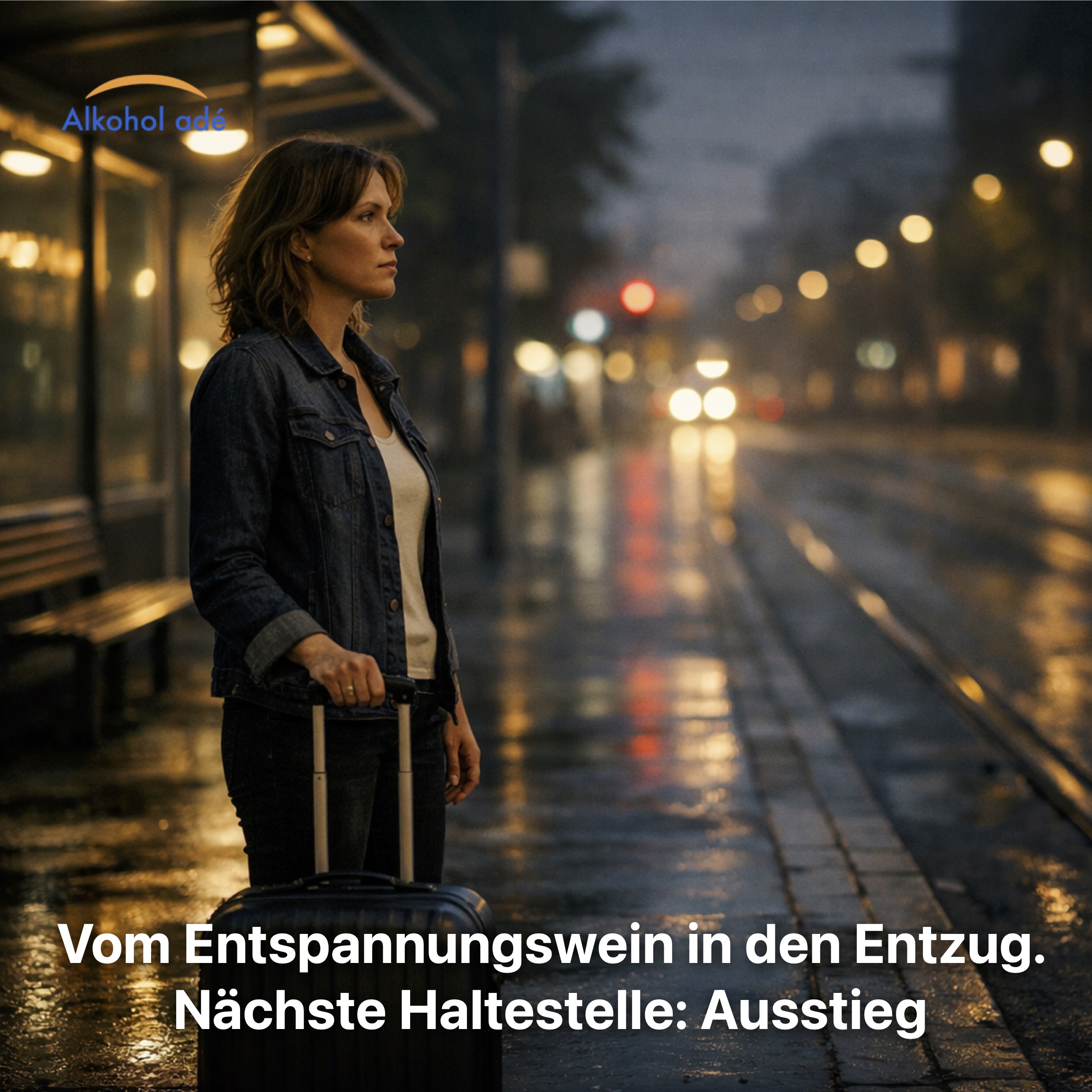 Frau mit Koffer steht abends allein an einer Haltestelle, wirkt ruhig und entschlossen – Symbol für den Ausstieg aus dem Alkohol und einen Neuanfang.