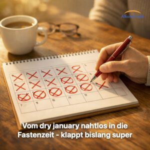 Frau markiert eine weitere Woche auf einem Kalender am Küchentisch im Morgenlicht und blickt zufrieden auf mehrere bereits abgehakte Wochen.