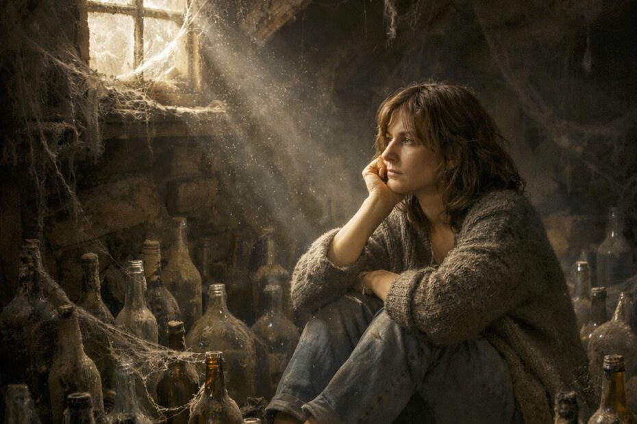 Nachdenkliche Frau sitzt auf einem staubigen Dachboden zwischen vielen alten, leeren Glasflaschen, die mit Spinnweben überzogen sind. Ein einzelner Lichtstrahl fällt durch ein kleines Fenster auf ihr Gesicht und betont die ruhige, reflektierende Stimmung.
