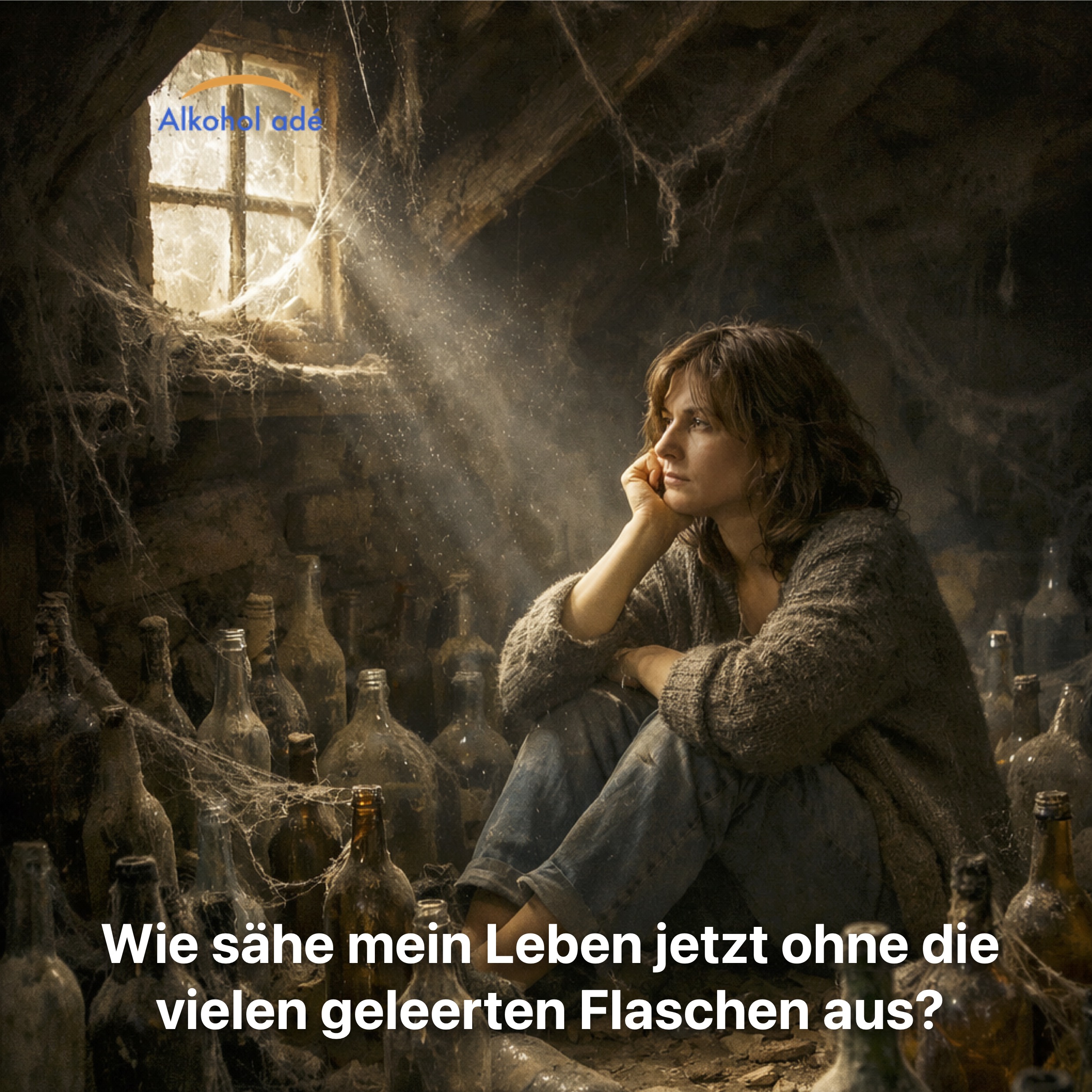 Nachdenkliche Frau sitzt auf einem staubigen Dachboden zwischen vielen alten, leeren Glasflaschen, die mit Spinnweben überzogen sind. Ein einzelner Lichtstrahl fällt durch ein kleines Fenster auf ihr Gesicht und betont die ruhige, reflektierende Stimmung.