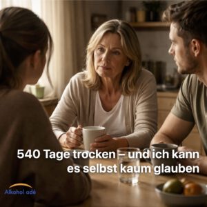 Mutter sitzt mit erwachsenen Kindern am Küchentisch im Gespräch – ehrlicher Familienmoment nach langer Sucht