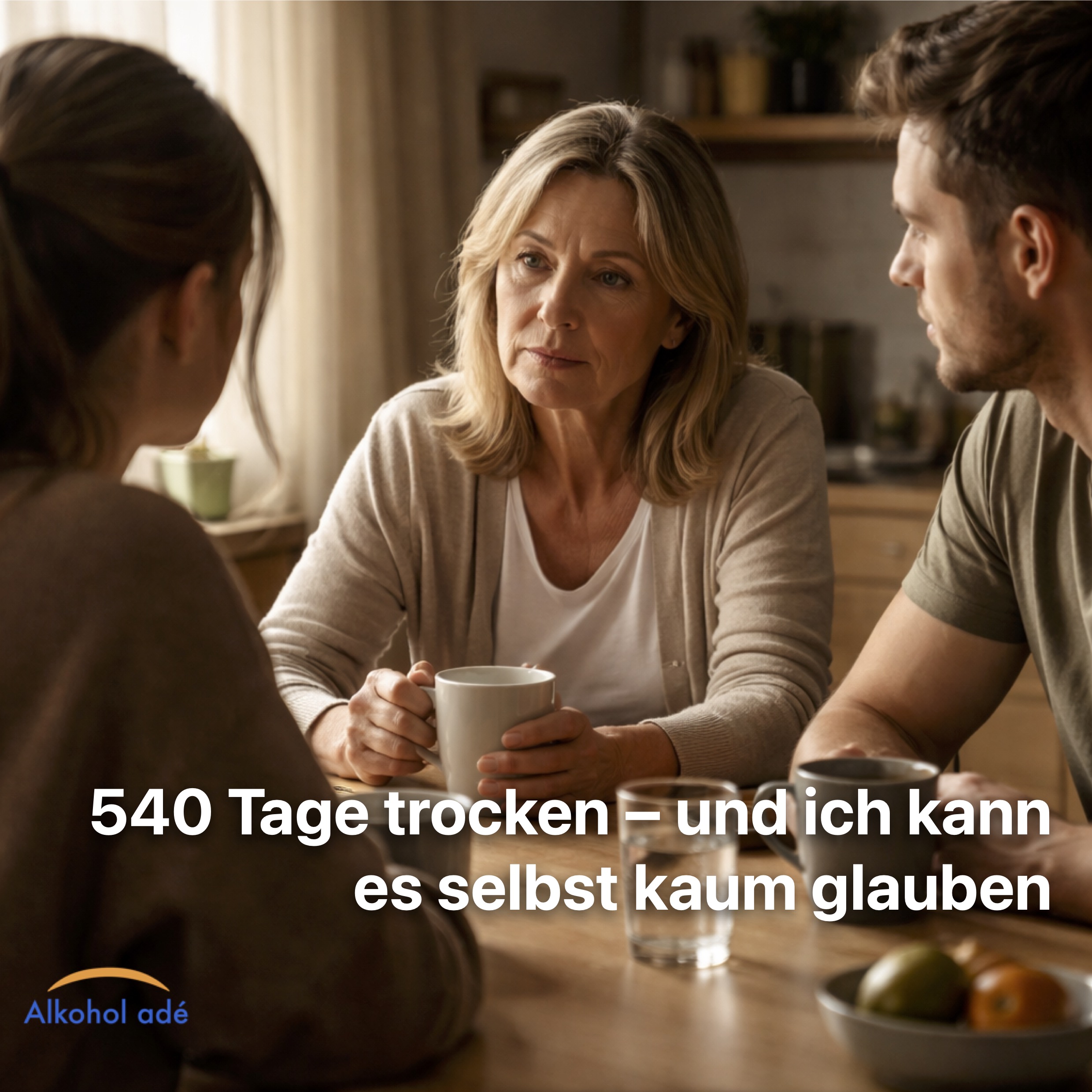 Mutter sitzt mit erwachsenen Kindern am Küchentisch im Gespräch – ehrlicher Familienmoment nach langer Sucht