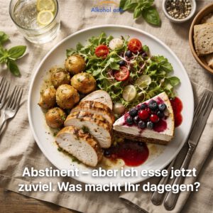 Voller Teller mit Hauptgericht und Nachtisch – Kompensationsessen nach Alkoholentzug