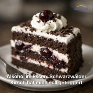 Schwarzwälder Kirschtorte auf weißem Teller – Alkohol im Essen und Abstinenz