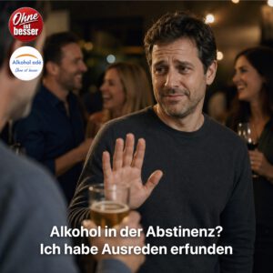 Mann auf einer geselligen Abendveranstaltung lehnt ein angebotenes Bier mit unsicherem Lächeln und erhobener Hand ab, während um ihn herum andere entspannt feiern.