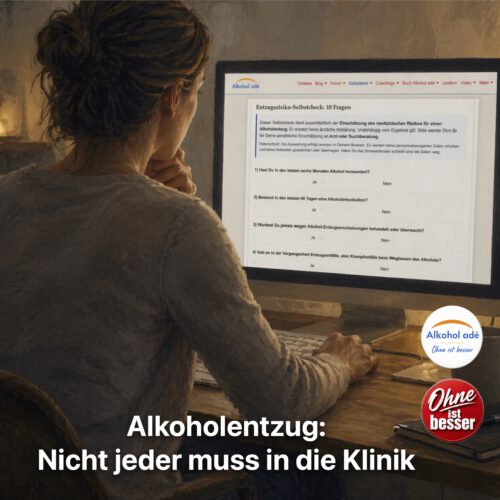 Frau sitzt in warm beleuchtetem Raum vor einem Computer und betrachtet einen Online-Selbsttest zum Alkoholentzug auf alkohol-ade.com in ruhiger, nachdenklicher Atmosphäre