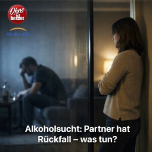 Frau steht angespannt im Türrahmen und blickt in einen abgedunkelten Raum, in dem ihr Partner zusammengesunken auf einem Sofa sitzt – beide durch eine Glasfläche getrennt, die die emotionale Distanz zwischen ihnen betont.