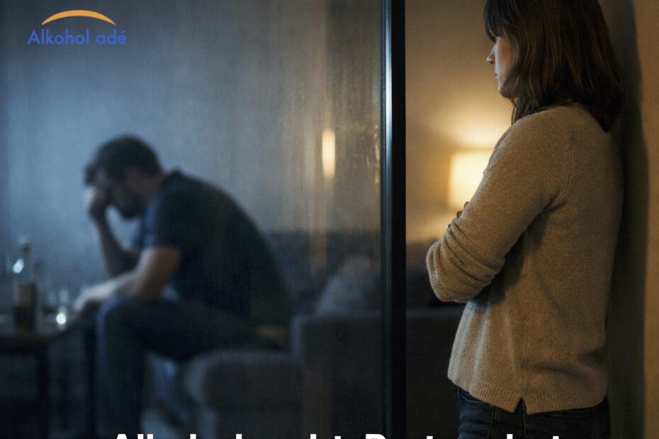 Frau steht angespannt im Türrahmen und blickt in einen abgedunkelten Raum, in dem ihr Partner zusammengesunken auf einem Sofa sitzt – beide durch eine Glasfläche getrennt, die die emotionale Distanz zwischen ihnen betont.