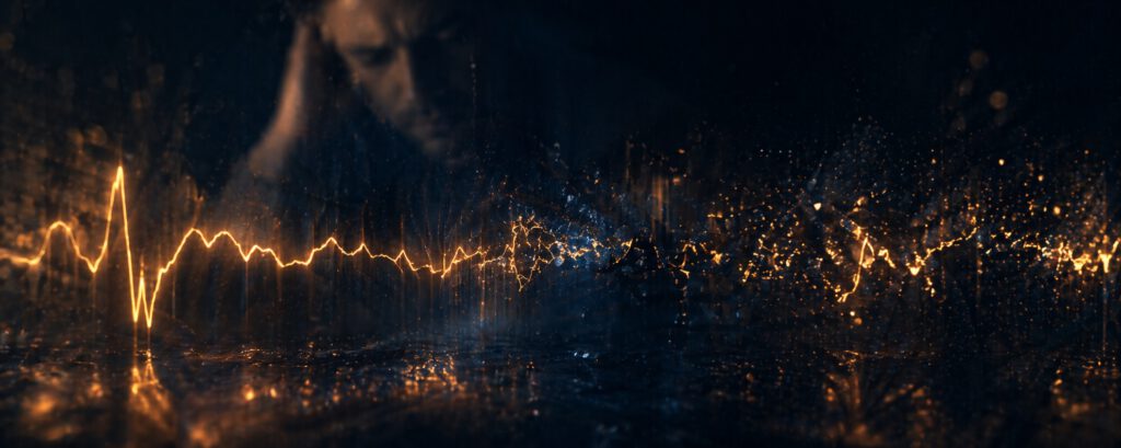 Abstrakte Darstellung eines gestörten elektrischen Signals – Metapher für Herzrhythmusstörungen durch Alkohol.