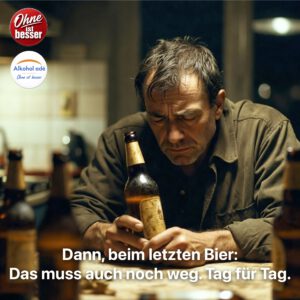 Erschöpfter Mann sitzt nachts allein an einem Küchentisch, umgeben von leeren Bierflaschen, und blickt resigniert auf sein letztes halbvolles Bier in der Hand – warmes Licht, stille Wohnung, spürbare Einsamkeit statt Genuss.