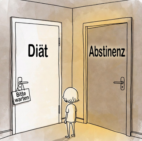 Minimalistische Cartoon-Illustration: Eine kleine Figur steht in einem schlichten Flur vor zwei Türen. Die vordere Tür ist geschlossen und trägt ein leeres Schild, während dahinter eine zweite Tür leicht geöffnet ist und warmes Licht in den Raum fällt. Die Figur richtet ihren Blick zunächst auf die geschlossene Tür, nimmt aber das einladende Licht der offenen Tür wahr. Ruhige, reduzierte Darstellung in warmen, gedämpften Farbtönen.
