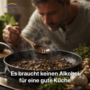 ALT-Text: Ein Mann in einer warm beleuchteten Küche beugt sich über eine Pfanne und riecht an einer dampfenden, dunklen Champignonsauce, die er mit einem Holzlöffel abschmeckt.