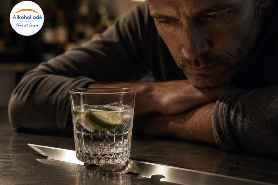 Nachdenklicher Mann betrachtet an einer dunklen Theke ein alkoholfreies Getränk, das symbolisch wie ein gefährlicher Balanceakt auf einer Rasierklinge wirkt.