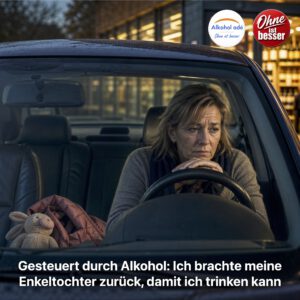 Frau sitzt angespannt im Auto vor einem hell beleuchteten Geschäft, auf dem Beifahrersitz liegen Kinderjacke und Stofftier, während sie mit schuldbewusstem Blick nach vorne starrt