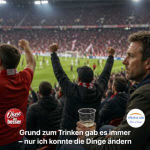 ALT-Text: Mann sitzt im Fußballstadion zwischen jubelnden Fans und hält einen halb leeren Plastikbecher, während er nachdenklich auf das Spielfeld blickt.