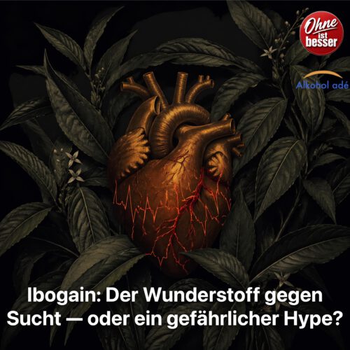 Glühendes, stilisiertes menschliches Herz in warmem Amberton, umgeben von dichten, dunkelgrünen Blättern der Tropenpflanze. Feine, rissartige Linien in leuchtendem Rot verlaufen über die Oberfläche wie ein EKG-Signal und deuten eine gestörte Herzaktivität an. Der Hintergrund ist nahezu schwarz, die Stimmung ruhig, ernst und klinisch.