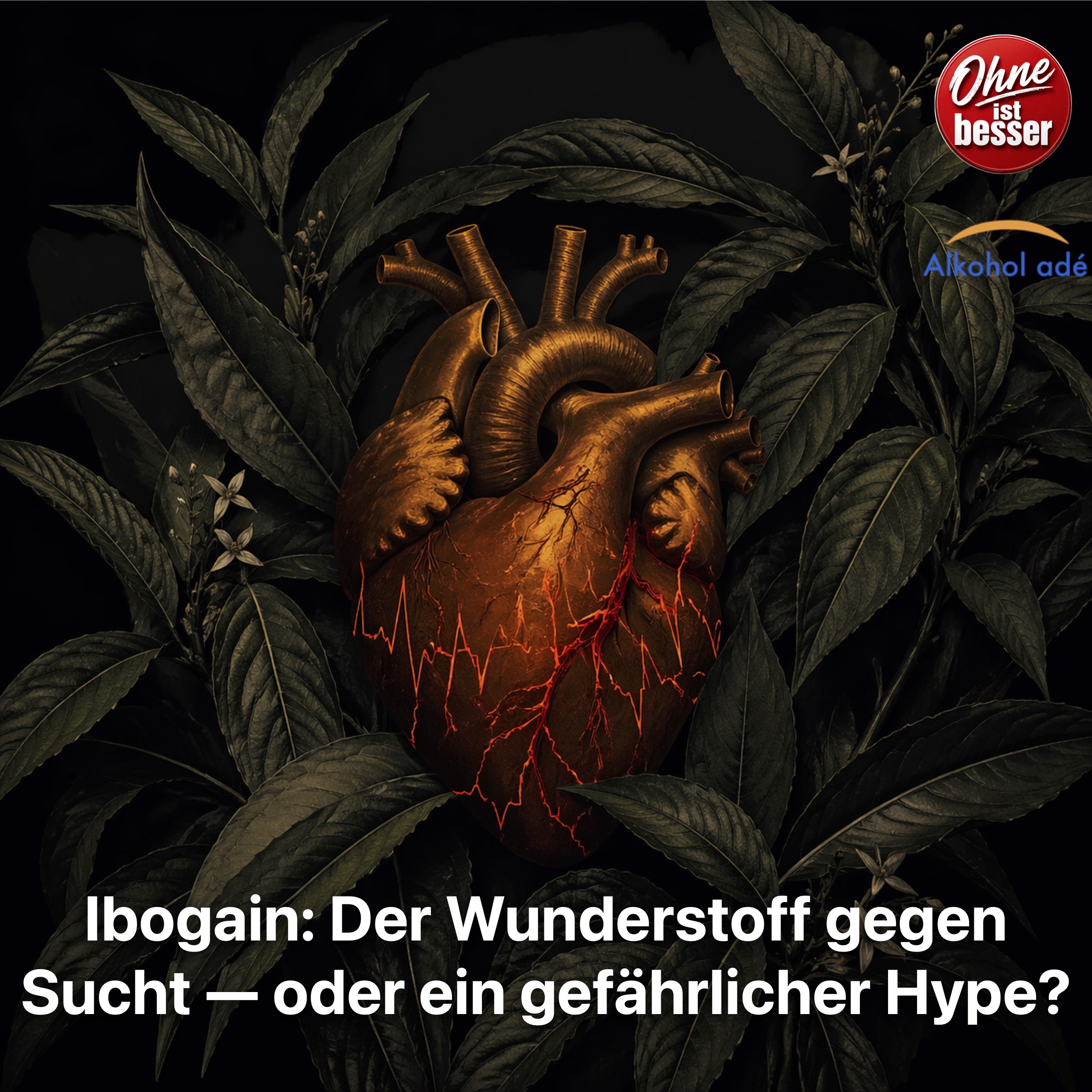 Glühendes, stilisiertes menschliches Herz in warmem Amberton, umgeben von dichten, dunkelgrünen Blättern der Tropenpflanze. Feine, rissartige Linien in leuchtendem Rot verlaufen über die Oberfläche wie ein EKG-Signal und deuten eine gestörte Herzaktivität an. Der Hintergrund ist nahezu schwarz, die Stimmung ruhig, ernst und klinisch.