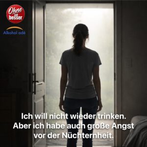 Frau steht von hinten in einer offenen Tür, hinter ihr ein dunkler Raum, vor ihr weiches, helles Licht. Sie zögert sichtbar auf der Schwelle, Körper leicht angespannt, ruhige, nachdenkliche Stimmung ohne erkennbare Symbole.