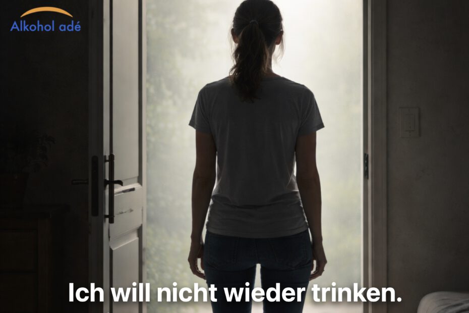 Frau steht von hinten in einer offenen Tür, hinter ihr ein dunkler Raum, vor ihr weiches, helles Licht. Sie zögert sichtbar auf der Schwelle, Körper leicht angespannt, ruhige, nachdenkliche Stimmung ohne erkennbare Symbole.