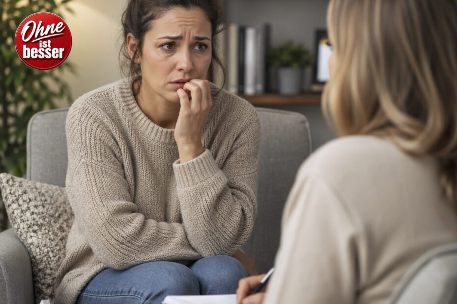 Ängstlich wirkende Frau sitzt in einem warm beleuchteten Therapieraum auf einem Sessel, stützt nachdenklich das Kinn auf die Hand und blickt besorgt zur Psychologin gegenüber, die sich Notizen macht.